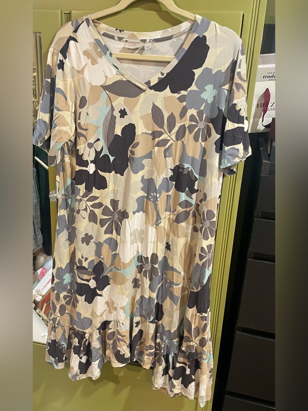 Floral V-Neck Midi Dress in Beige and Blue